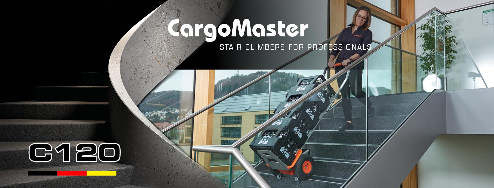 The picture shows a woman using a CargoMaster electric stair climber to transport 4 crates of drinks up a flight of stairs. A staircase is indicated on the left and the product name C120 can be read. CargoMaster stair climber for Pofis can also be read in the middle.
