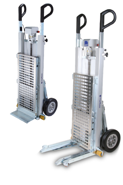 Beim CargoMaster C400 kann der Schwerpunkt kann durch das Absenken oder Hochfahren der elektrisch verstellbaren Lastgabel optimal auf das Transportgut ange-passt werden. So wird das Fahren auf der Treppe und auf der Ebene enorm erleichtert.