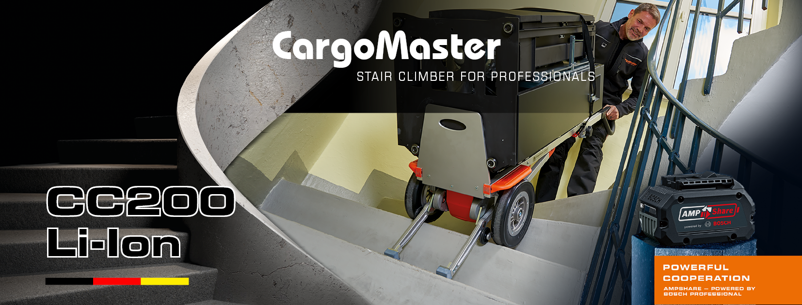 The picture shows a man using a CargoMaster electric stair climber to transport a heavy load up a flight of stairs. A staircase is indicated on the left and the product name CC160 Li-Ion can be read. On the right-hand side of the picture is a picture of a rechargeable battery with the text “Powerful cooperation - AMPShare - Powered by BOSCH Professional.