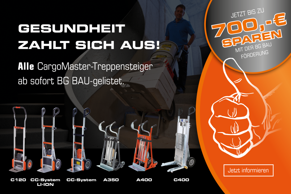 Alle CargoMaster-Treppensteiger jetzt BG BAU-gelistet – bis zu 700 € Förderung für ergonomischen Treppentransport sichern.