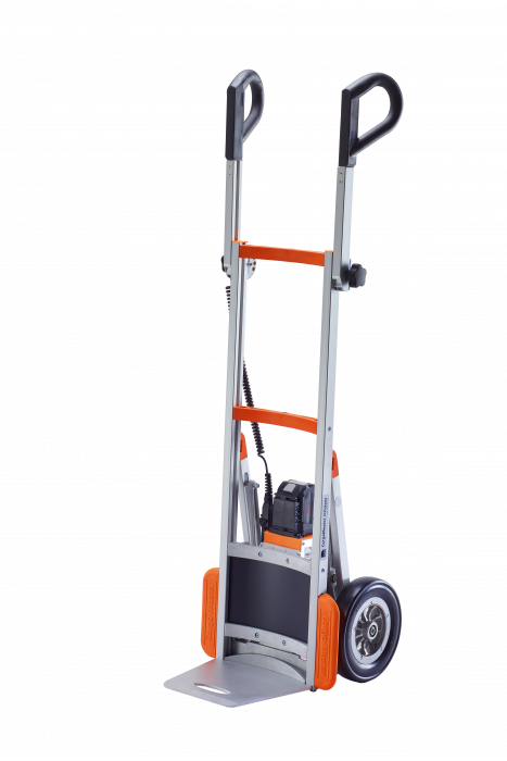 Zu sehen ist ein freigestelltes Produktfoto des mobilen Treppensteigers für Lasten CargoMaster CC-System des deutschen Herstellers AAT mit Lithium-Ionen Akku von Bosch.