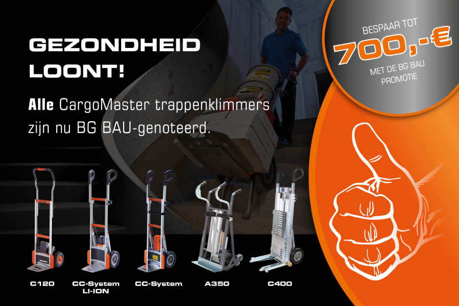 Alle CargoMaster trappenklimmers zijn nu BG BAU-genoteerd - verzeker u van €700 subsidie voor ergonomisch traptransport.