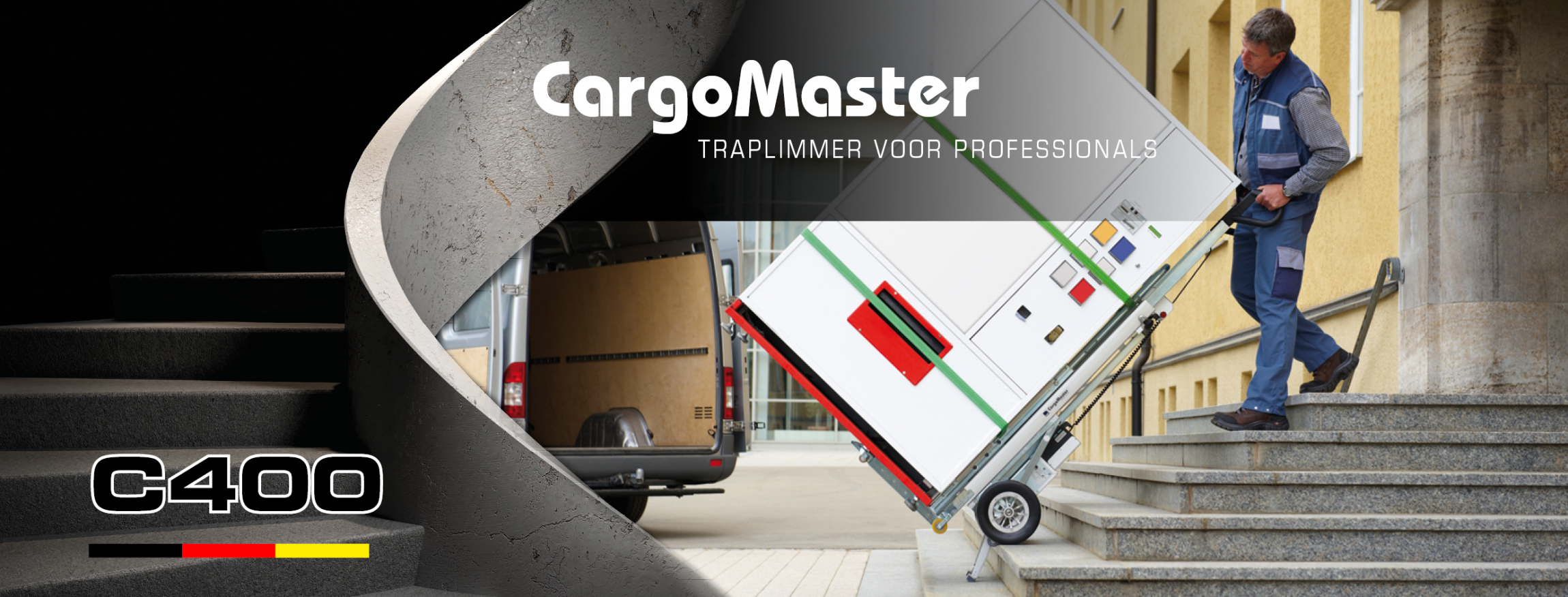 Op de foto is een man te zien die een elektrische CargoMaster trapklimmer gebruikt om een drankautomaat de trap op te transporteren. Links is een trap te zien en de productnaam C400. 