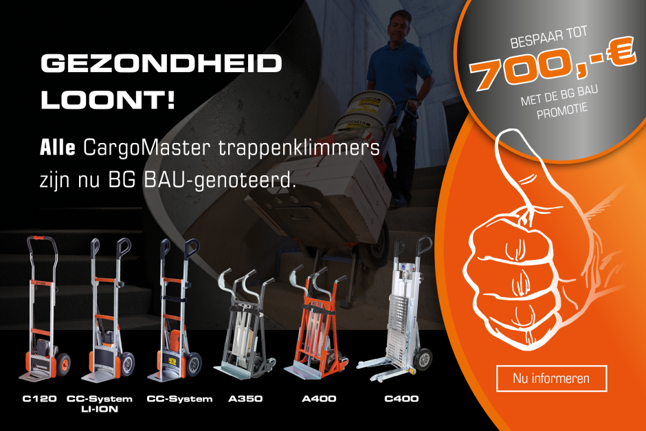 Alle CargoMaster trappenklimmers zijn nu BG BAU-genoteerd - verzeker u van €700 subsidie voor ergonomisch traptransport.