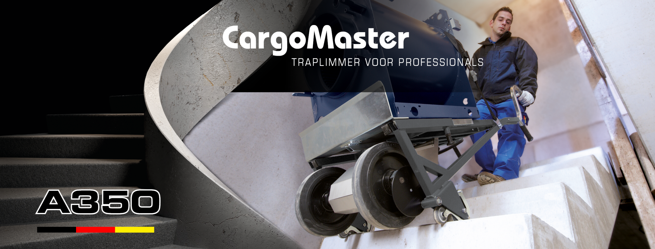 De foto toont een man die een CargoMaster elektrische trapklimmer gebruikt om een zware lading een trap op te transporteren. Links is een trap aangegeven en de productnaam A350 is te lezen. In het midden van de afbeelding staat de tekst: “CargoMaster trapklimmer voor professionals”.